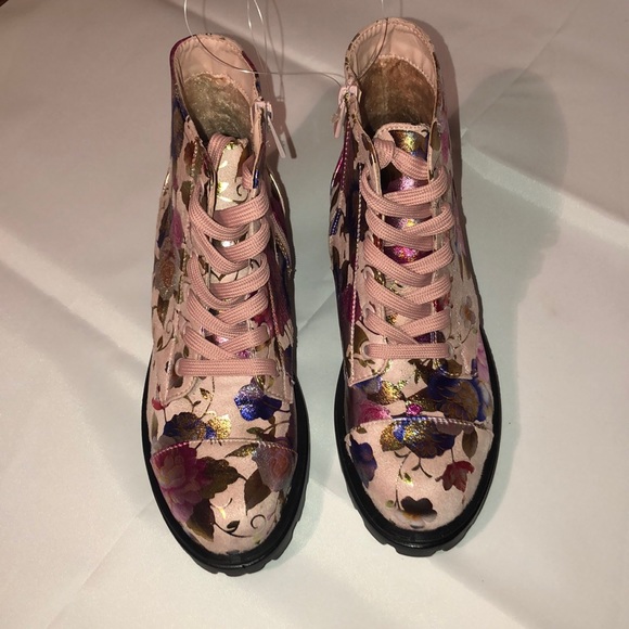 Pink Flower Metallic Combat Ankle Boot - Picture 3 of 4